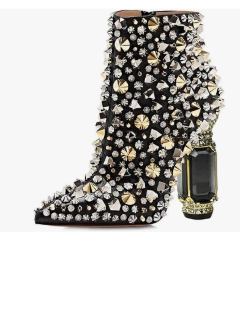 Fsj Black Rivets Pointed Toe Crystal High Heel Ankle Boots Side Zipper Shoes